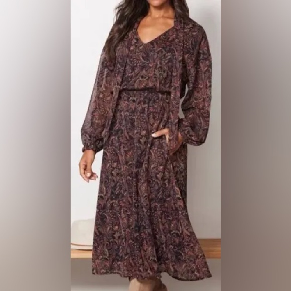 Evereve Multi-Tone Paisley Midi Dress in Brown and Rust